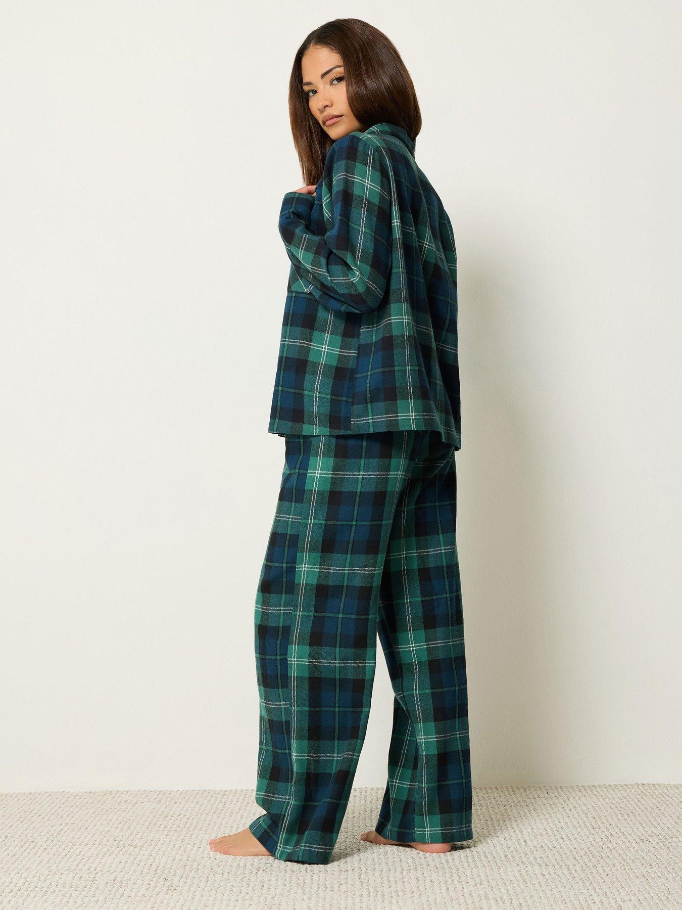 Image 2 of 4 of Yours Womens Petite Brushed Check PJ Set - Green