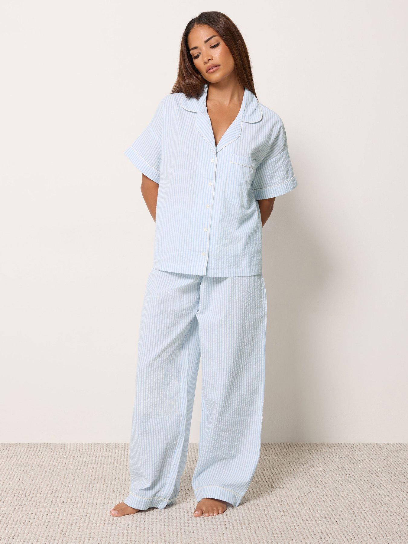 Image 1 of 4 of Yours Womens Petite Stripe Wide Leg Pyjama Set - Blue