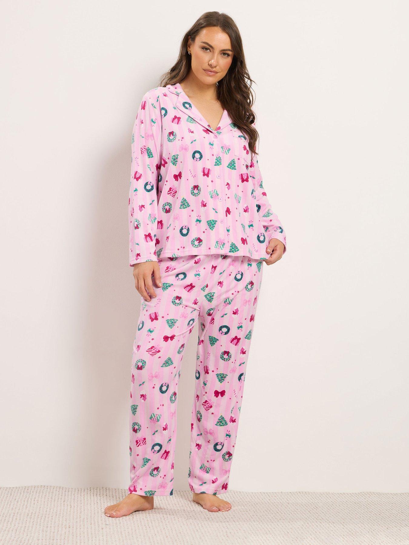 Image 1 of 4 of Yours Womens Curve Button-Through Christmas Stripe Pyjama Set - Pink