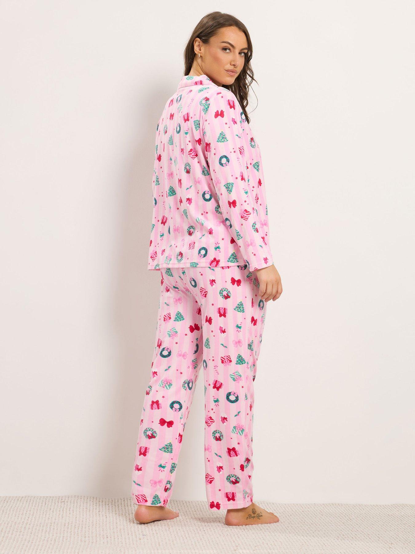 Image 2 of 4 of Yours Womens Curve Button-Through Christmas Stripe Pyjama Set - Pink