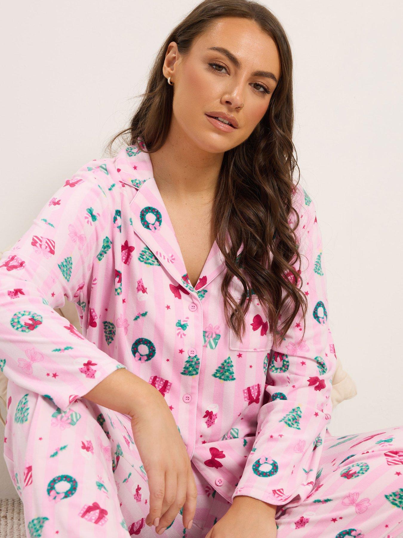 Image 3 of 4 of Yours Womens Curve Button-Through Christmas Stripe Pyjama Set - Pink