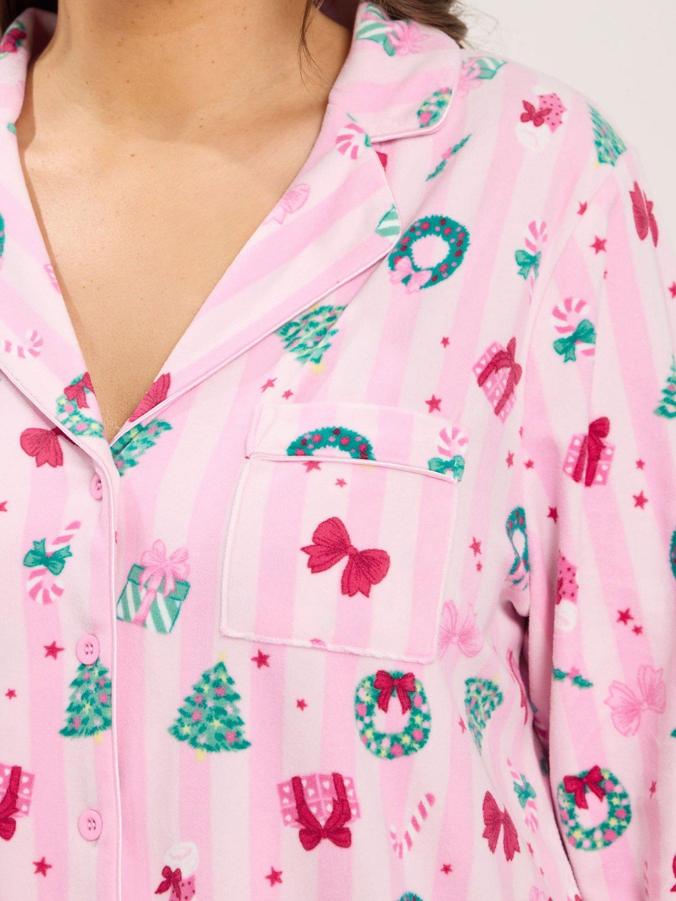 Image 4 of 4 of Yours Womens Curve Button-Through Christmas Stripe Pyjama Set - Pink