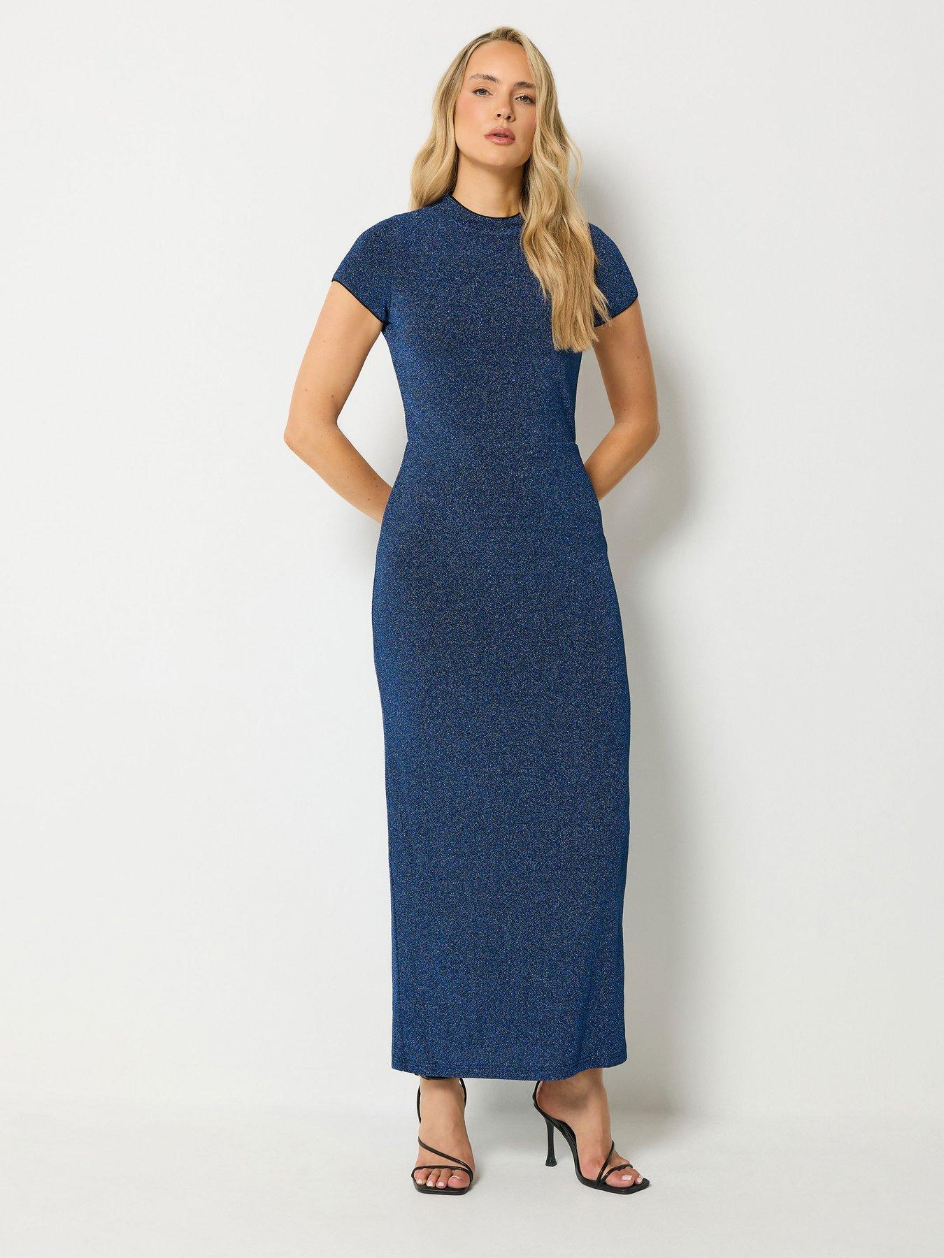 Image 1 of 4 of Long Tall Sally Womens Tall Metallic Thread Crew Neck Maxi Dress - Blue