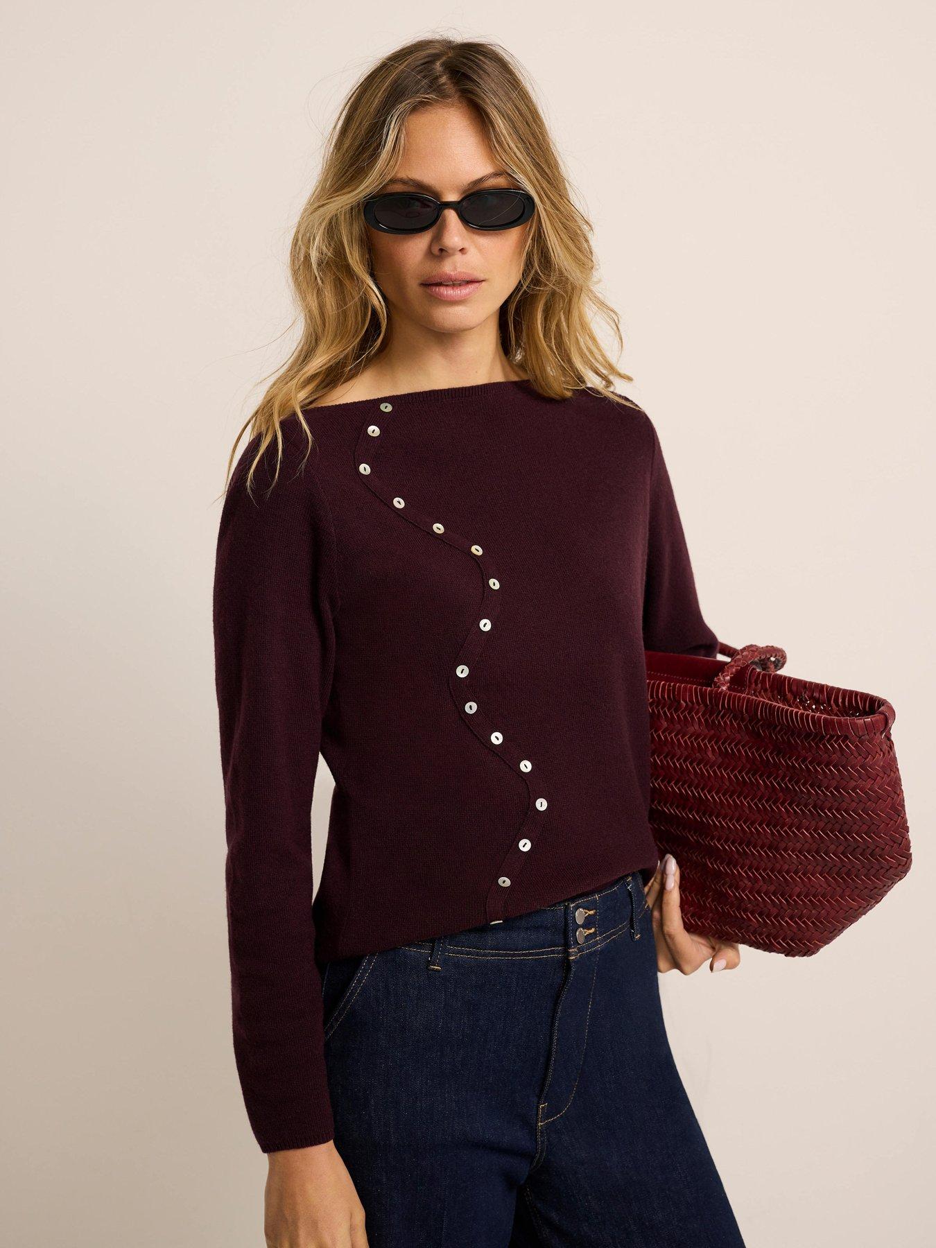 Mint Velvet Burgundy Wave Placket Knit Top