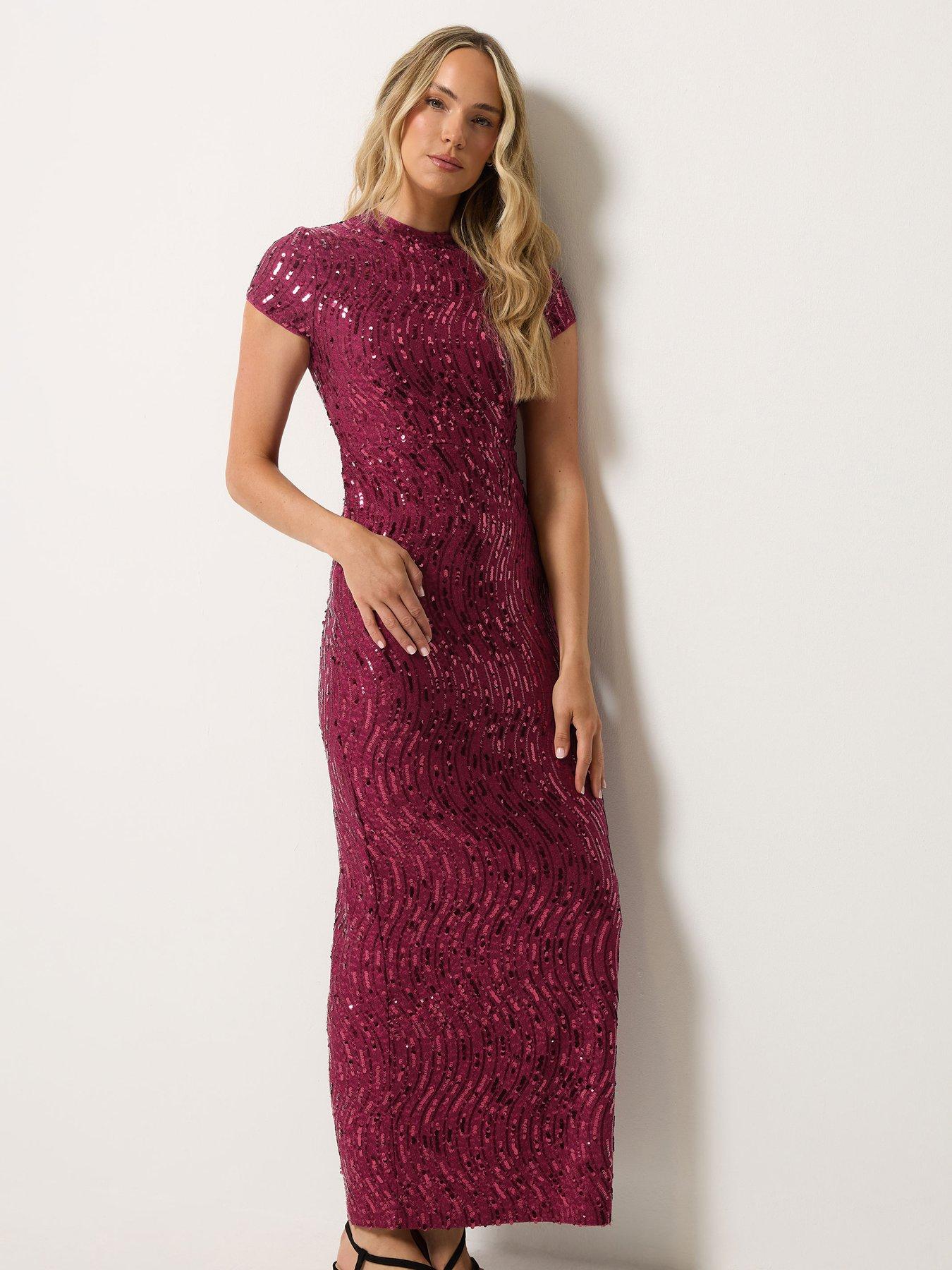 Image 1 of 4 of Long Tall Sally Womens Tall Sequin Texture Body-Skimming Maxi Dress - Red