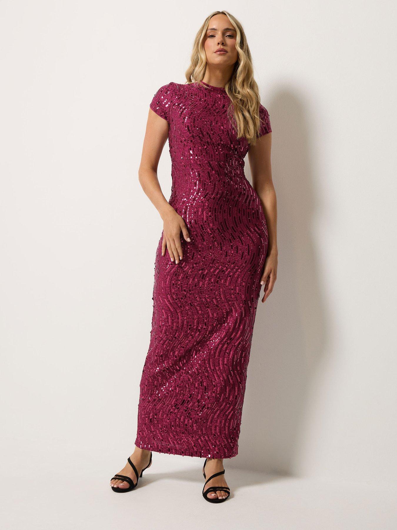Image 3 of 4 of Long Tall Sally Womens Tall Sequin Texture Body-Skimming Maxi Dress - Red