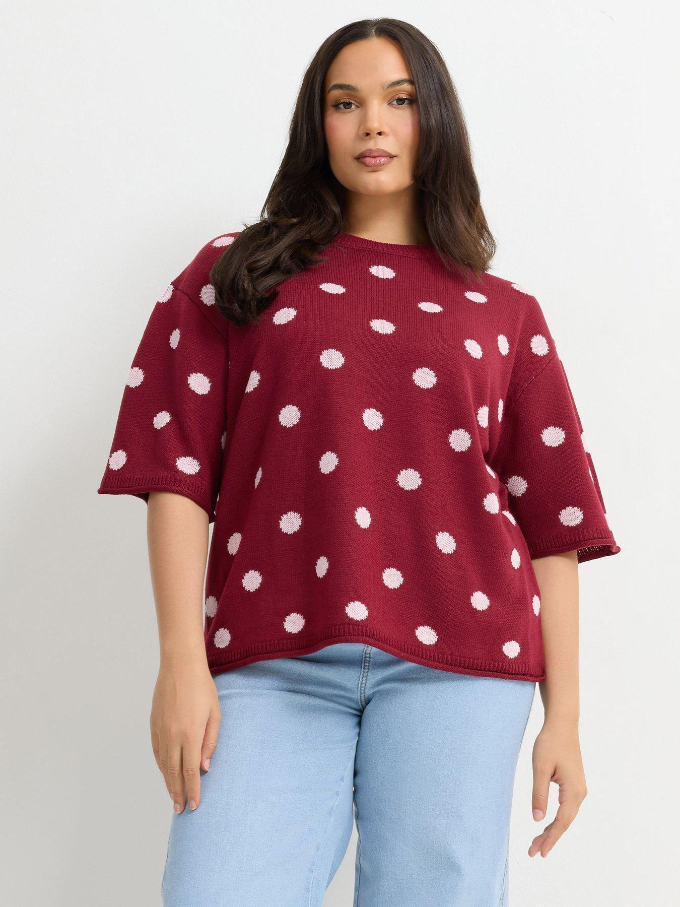 Image 1 of 4 of Yours Womens Curve Polka Dot Crew Neck Soft Knit Top - Red