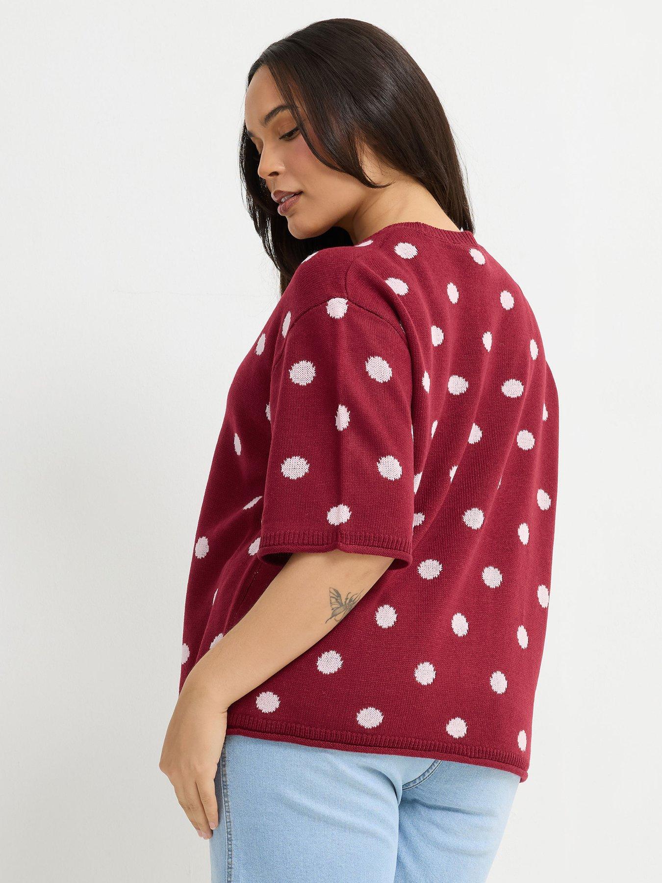 Image 2 of 4 of Yours Womens Curve Polka Dot Crew Neck Soft Knit Top - Red