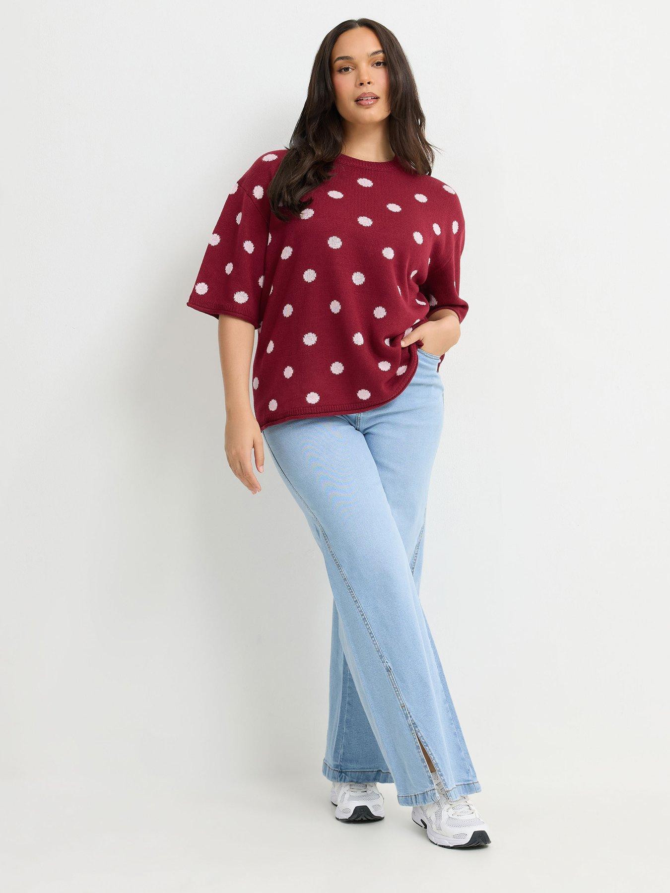 Image 3 of 4 of Yours Womens Curve Polka Dot Crew Neck Soft Knit Top - Red