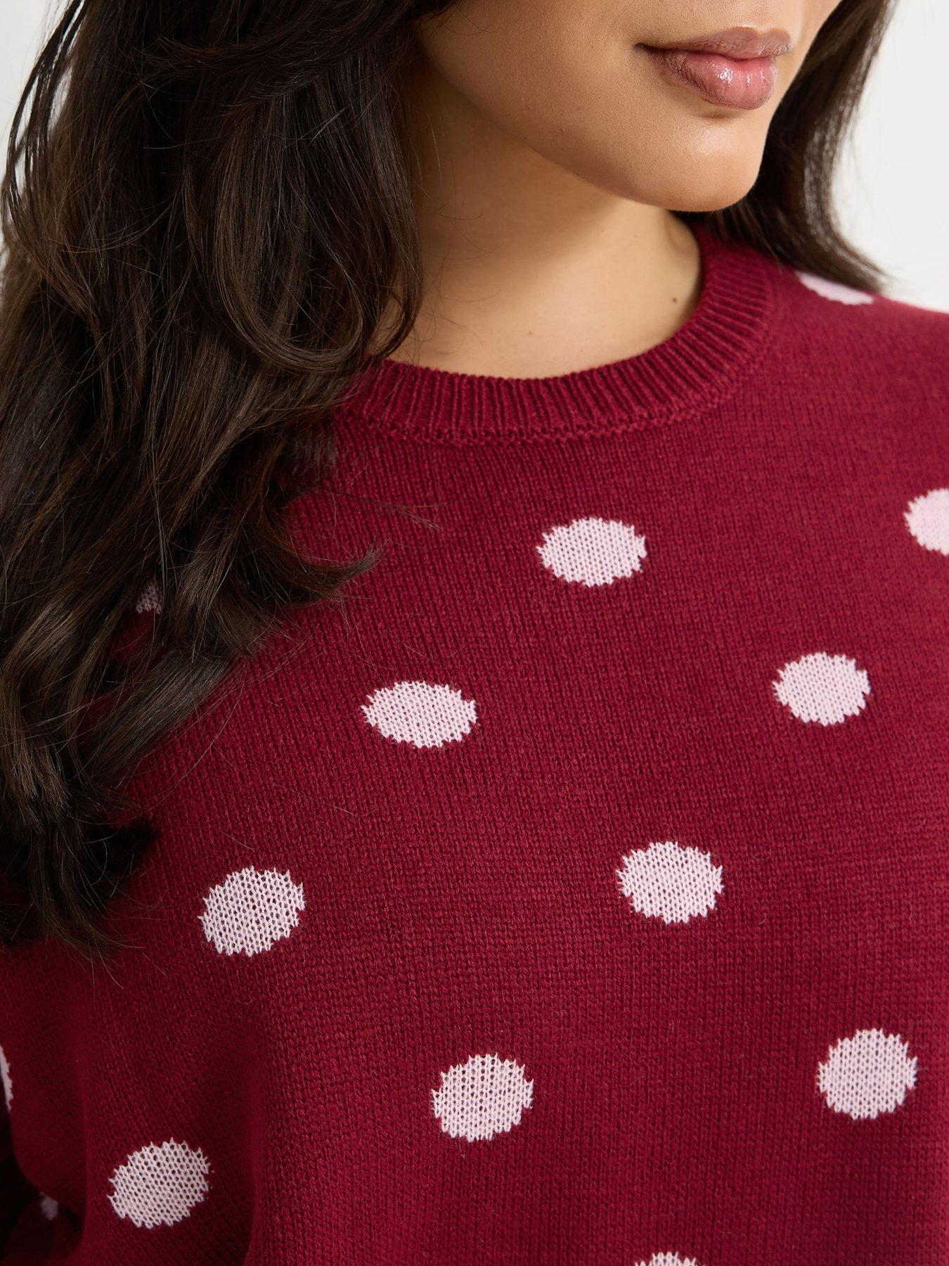 Image 4 of 4 of Yours Womens Curve Polka Dot Crew Neck Soft Knit Top - Red