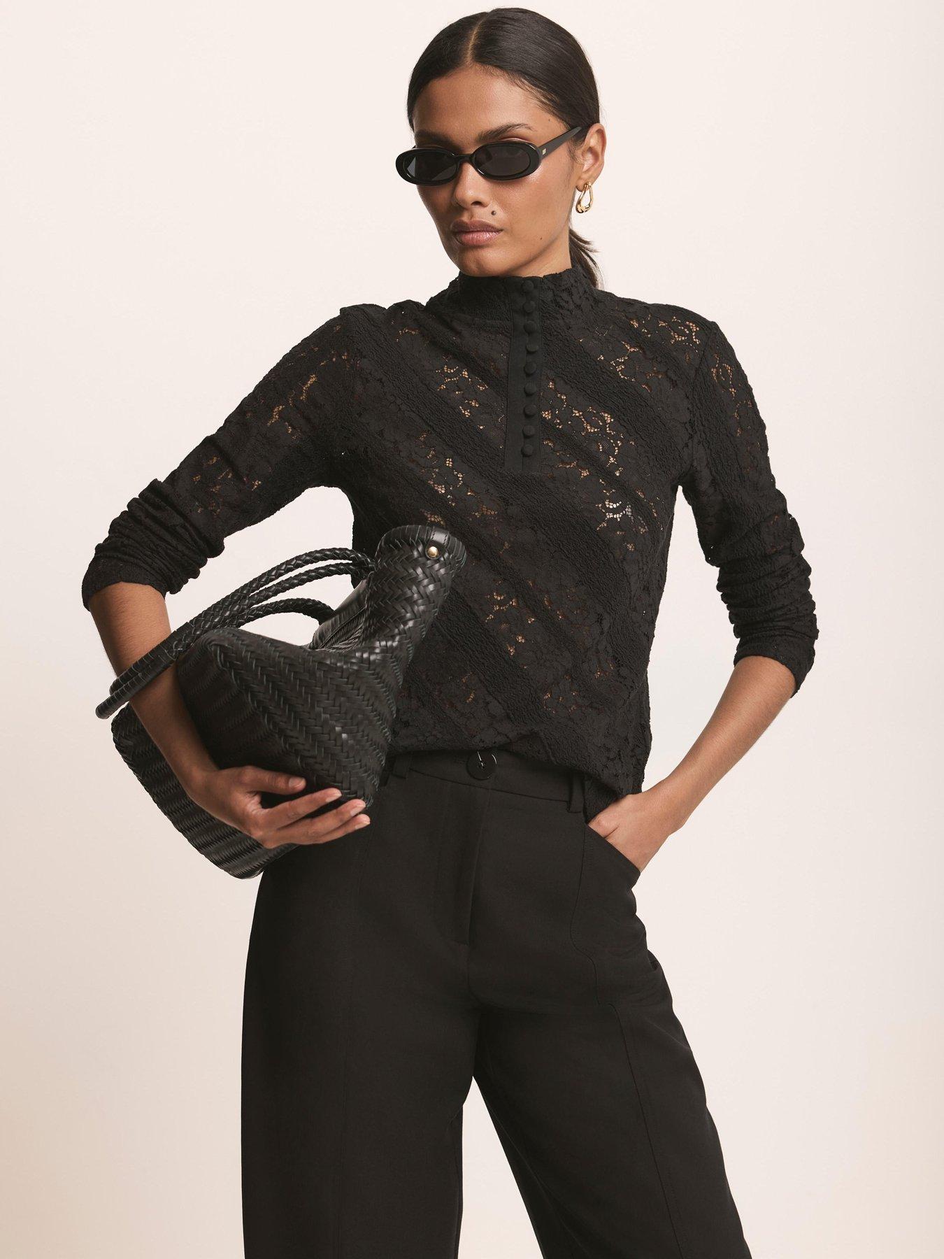Image 2 of 6 of Mint Velvet Lace Button Detail Top - Black