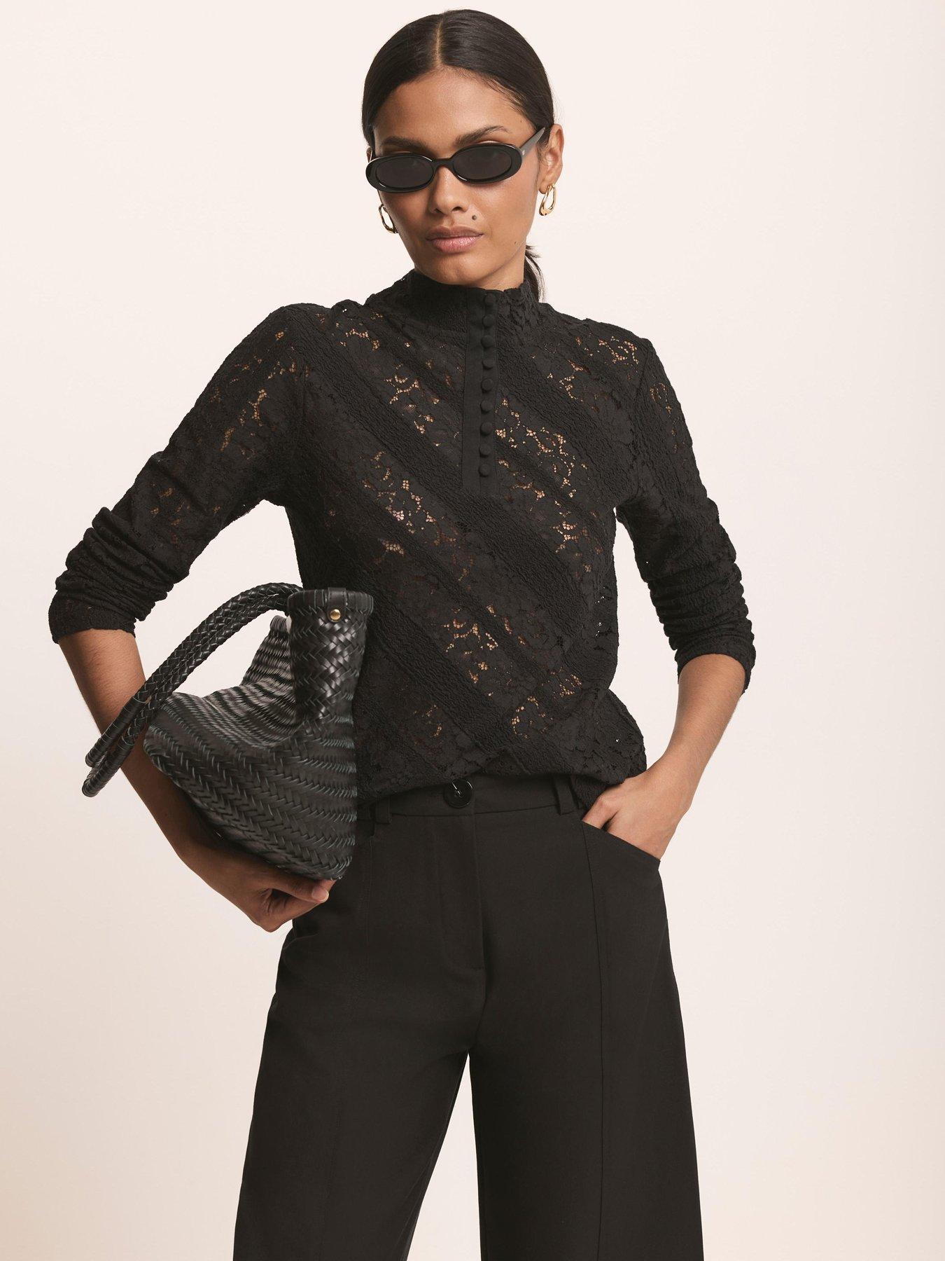 Image 4 of 6 of Mint Velvet Lace Button Detail Top - Black