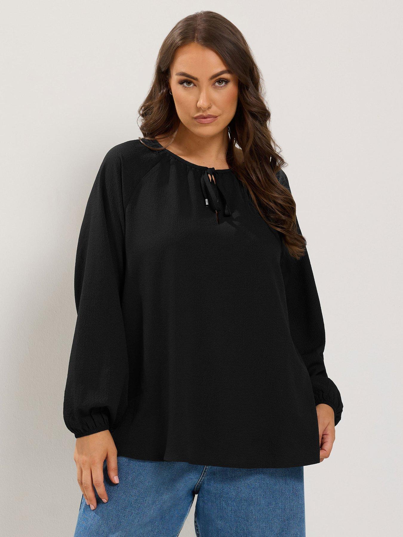 Yours Womens Plus Size Textured Tie-Neck Long Sleeve Blouse - Black