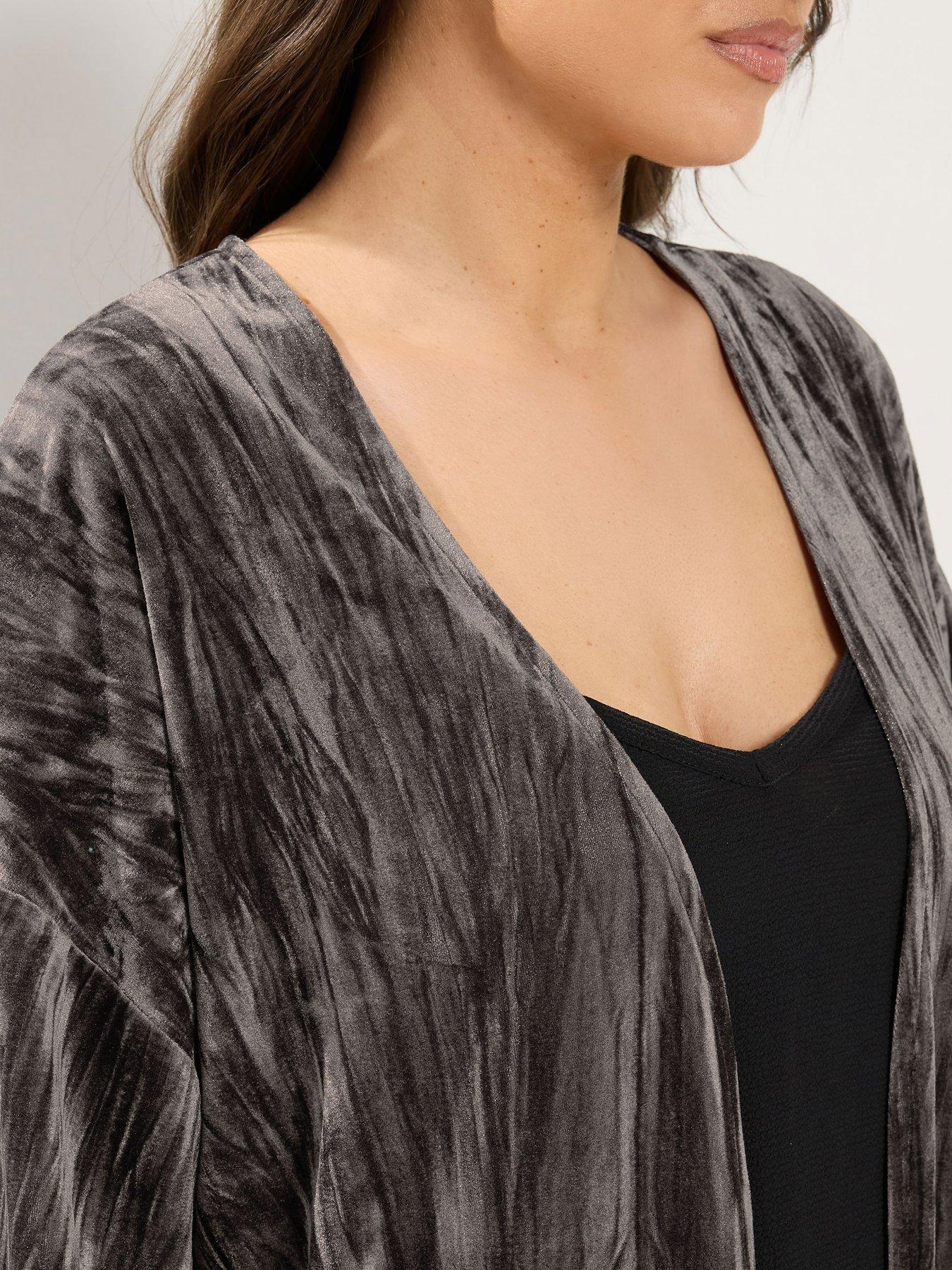 Image 4 of 4 of Yours Womens Curve Crushed Velour Open Front Cover Up - Brown
