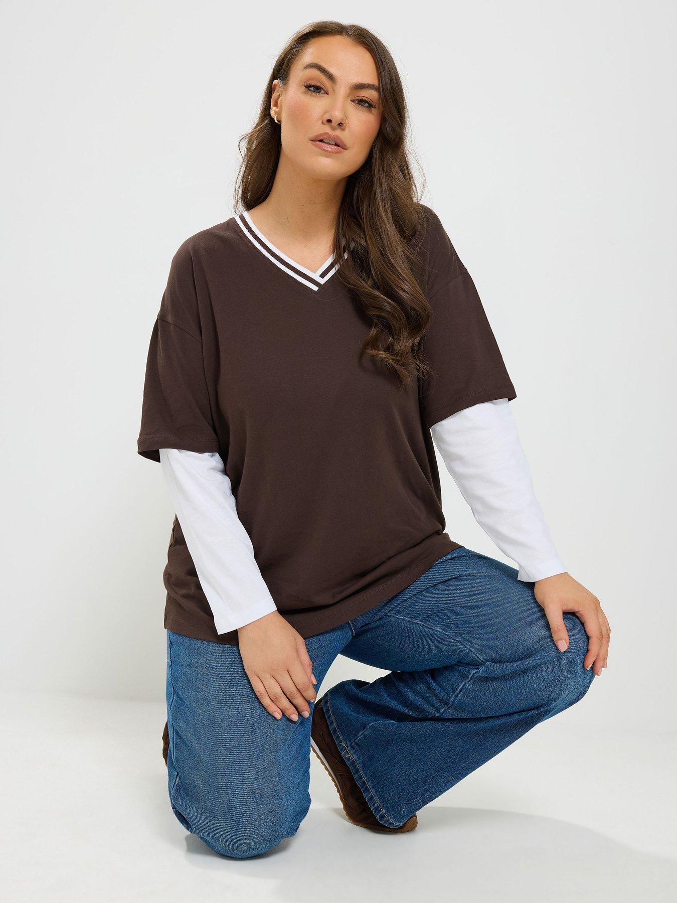 Image 1 of 4 of Yours Womens Curve 2 In 1 Varsity V-Neck Blouse - Brown