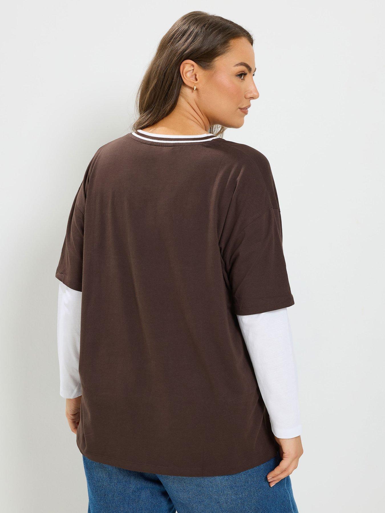 Image 2 of 4 of Yours Womens Curve 2 In 1 Varsity V-Neck Blouse - Brown