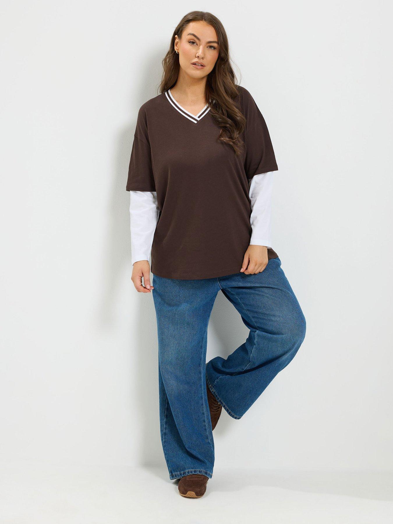 Image 3 of 4 of Yours Womens Curve 2 In 1 Varsity V-Neck Blouse - Brown
