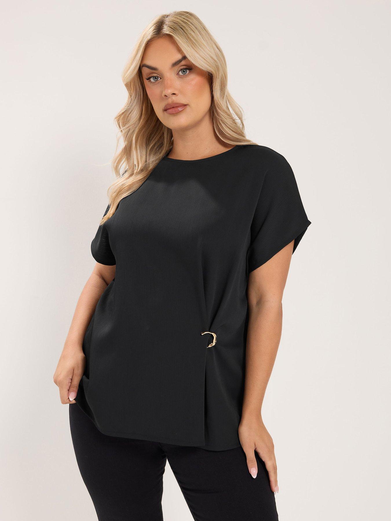 Image 1 of 4 of Yours Womens Plus Size Plisse Knot Front Blouse - Black