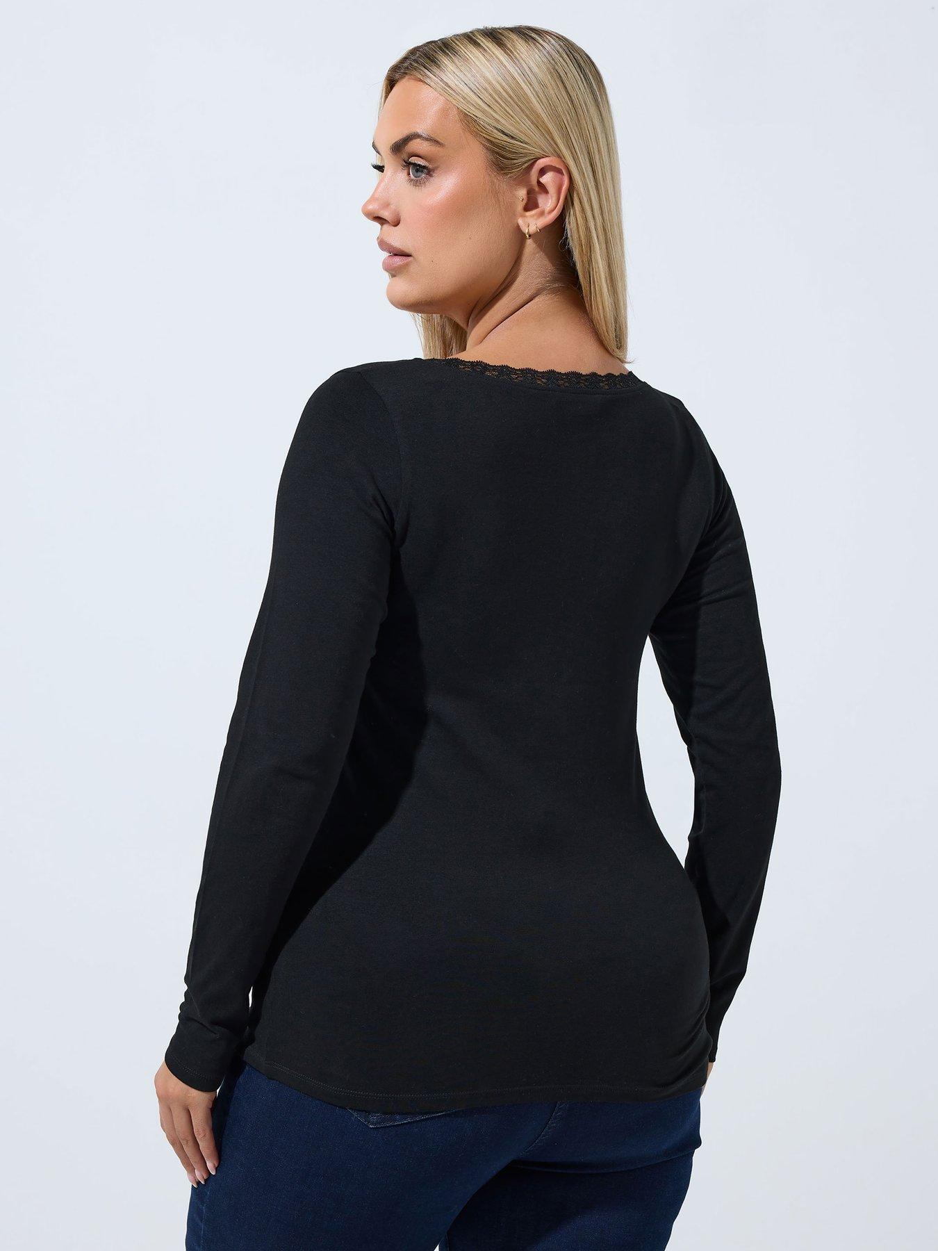 Image 2 of 4 of Yours Womens Curve Square Neck Lace Trim Top&nbsp; - Black