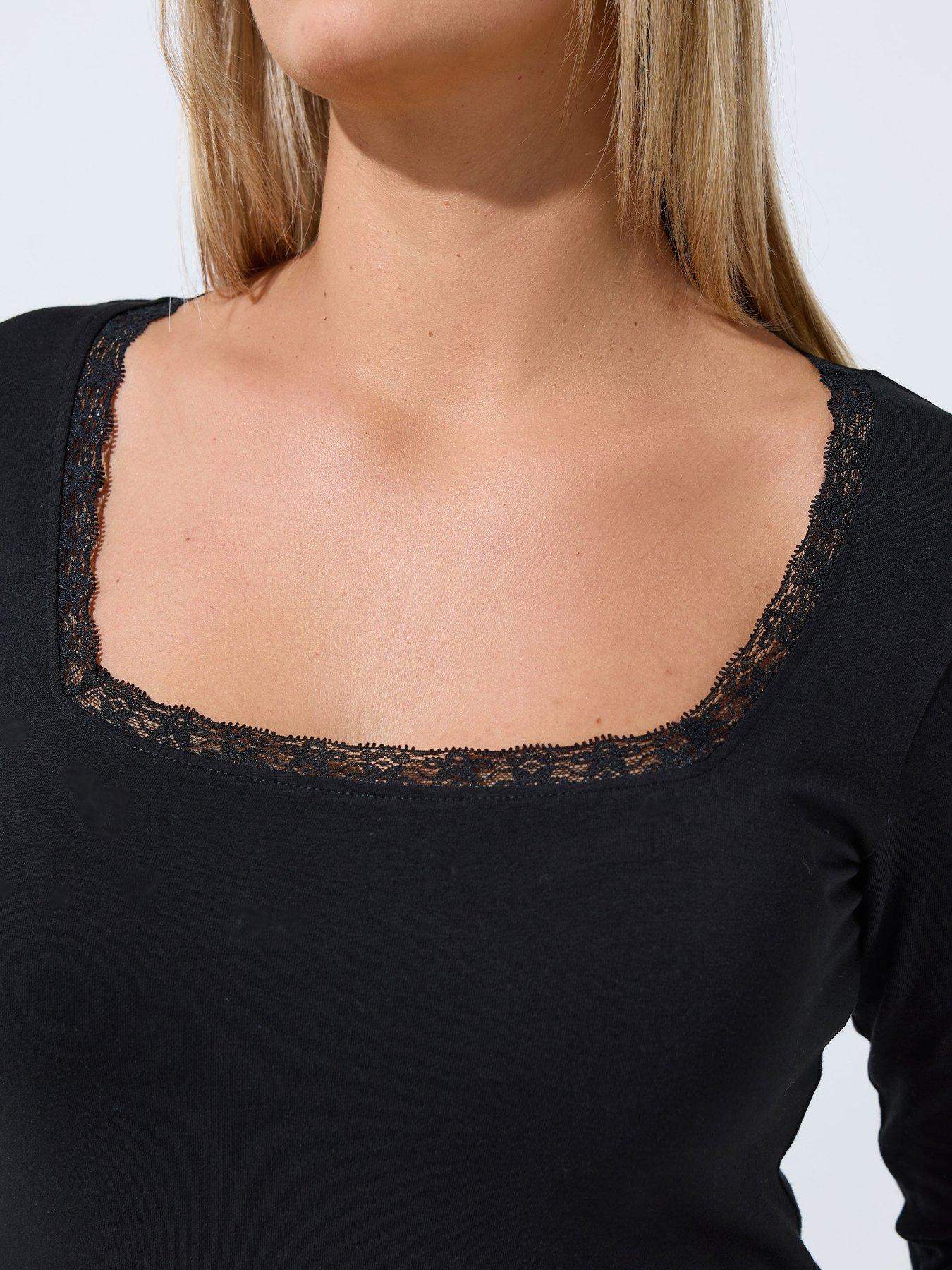 Image 4 of 4 of Yours Womens Curve Square Neck Lace Trim Top&nbsp; - Black
