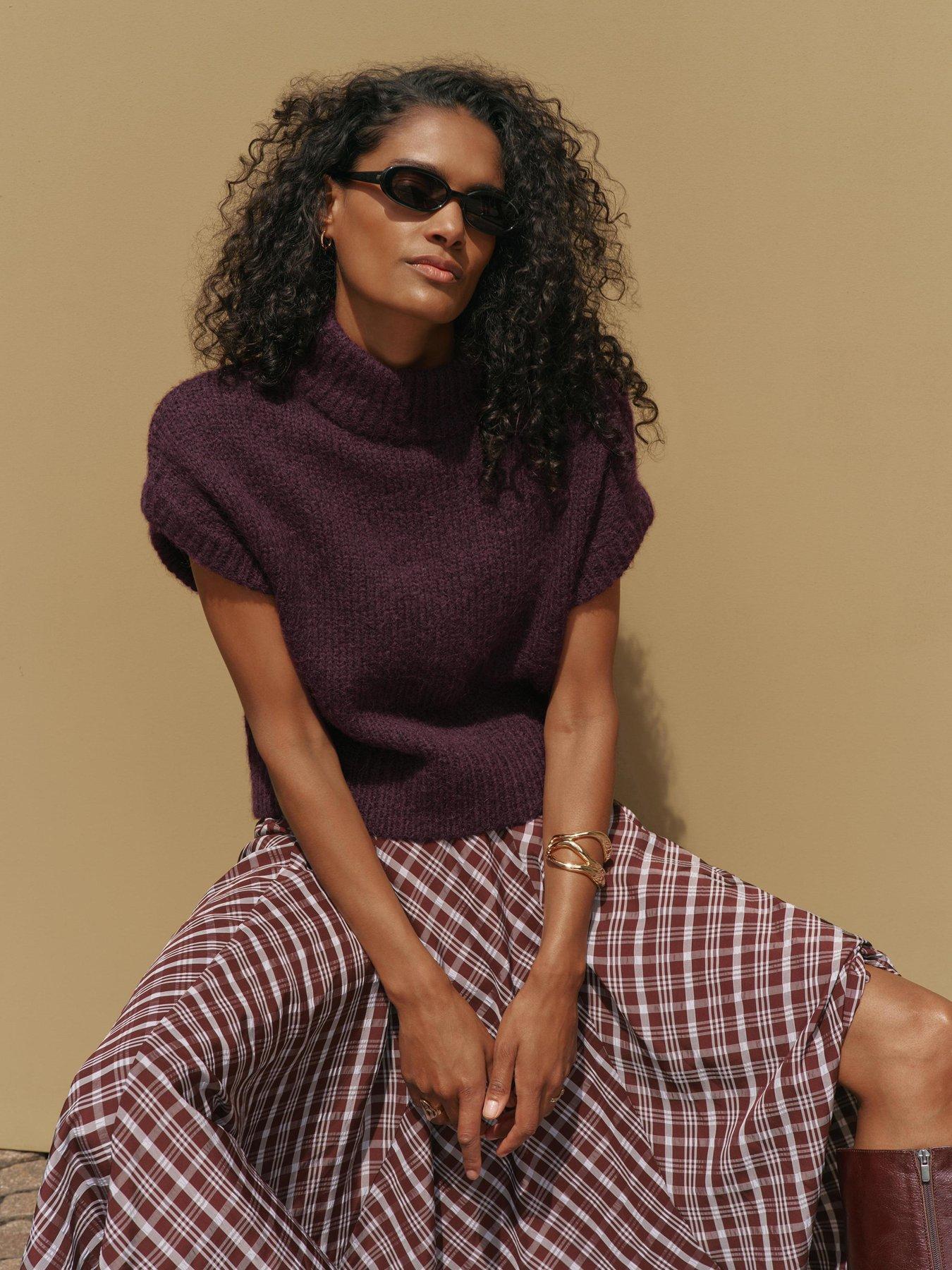 Mint Velvet Fluff Stand Neck T-Shirt - Burgundy