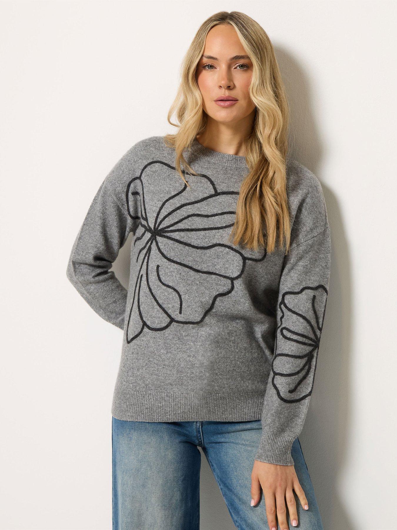 Image 1 of 4 of Yours Womens Tall Floral Embroidered Crew Neck Jumper - Grey