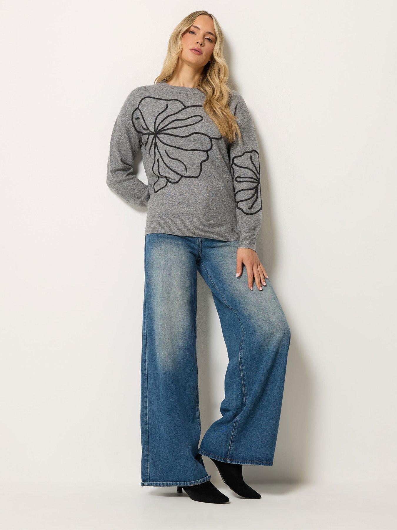 Image 3 of 4 of Yours Womens Tall Floral Embroidered Crew Neck Jumper - Grey
