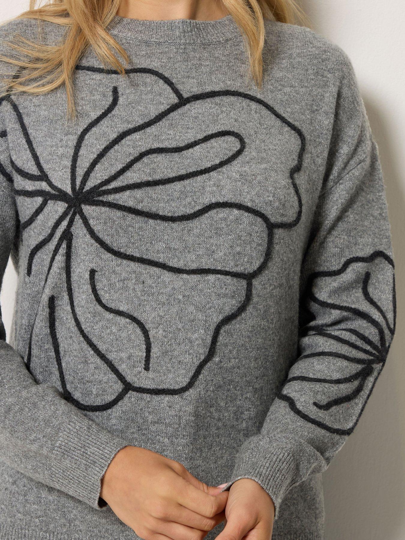 Image 4 of 4 of Yours Womens Tall Floral Embroidered Crew Neck Jumper - Grey