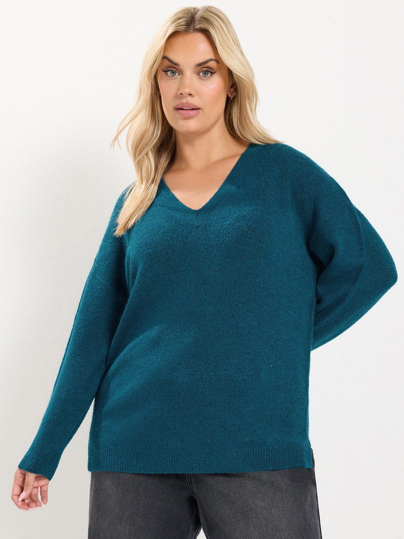 Yours Womens Plus Size Curve Soft Touch V Neck Jumper - Blue