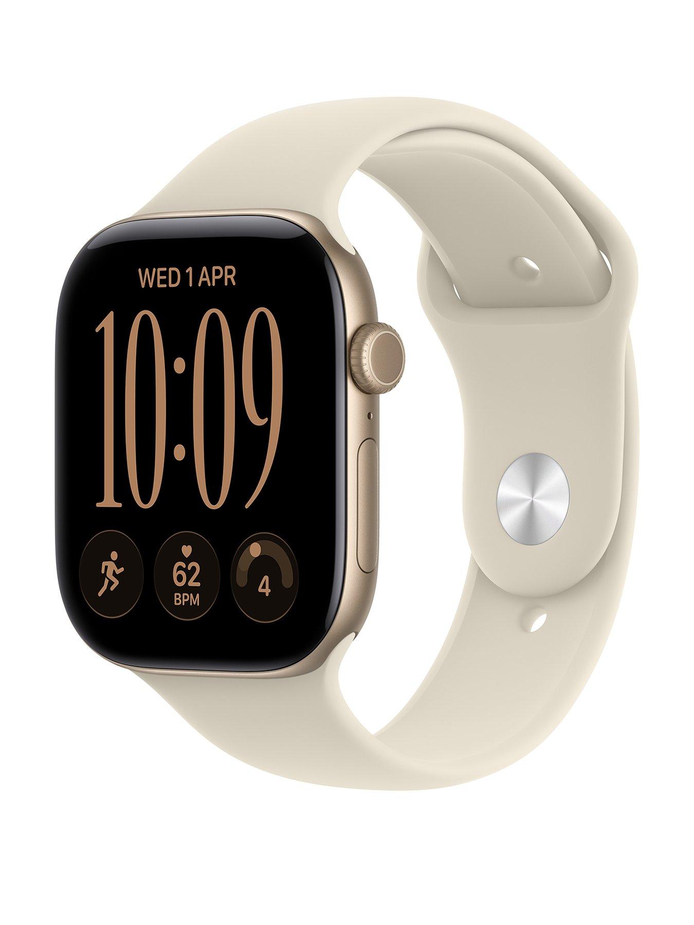 Image 1 of 8 of Apple Watch Series 12 (GPS) 46mm Light Gold Aluminium Case with Sand Sport Band - S/M