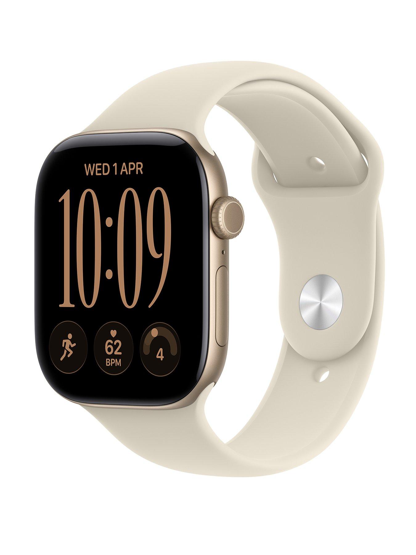 Image 1 of 8 of Apple Watch Series 12 (GPS) 46mm Light Gold Aluminium Case with Sand Sport Band - M/L
