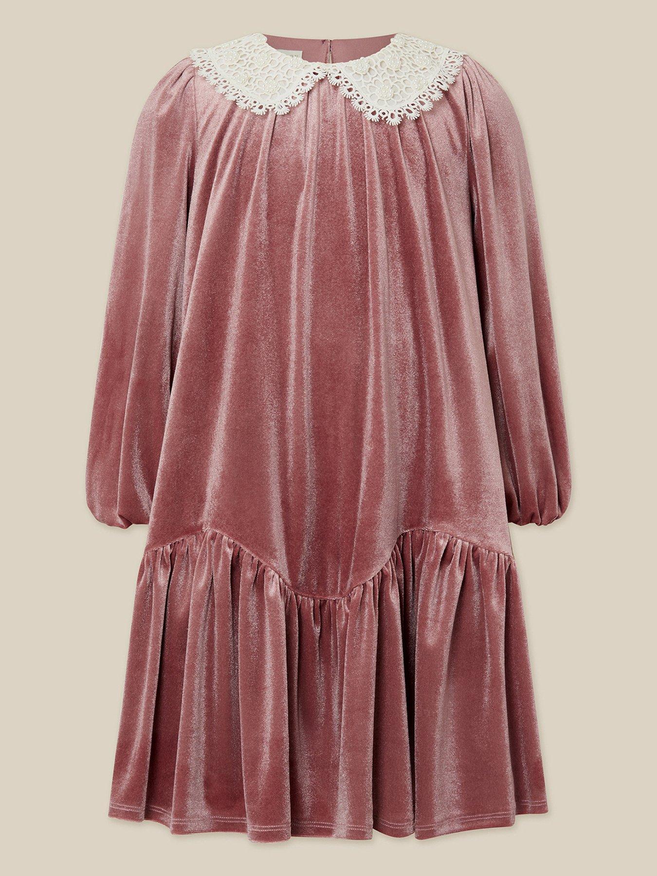 Image 1 of 3 of Monsoon Girls Maria Pearl Collar Velvet Long Sleeve Dress - Mink