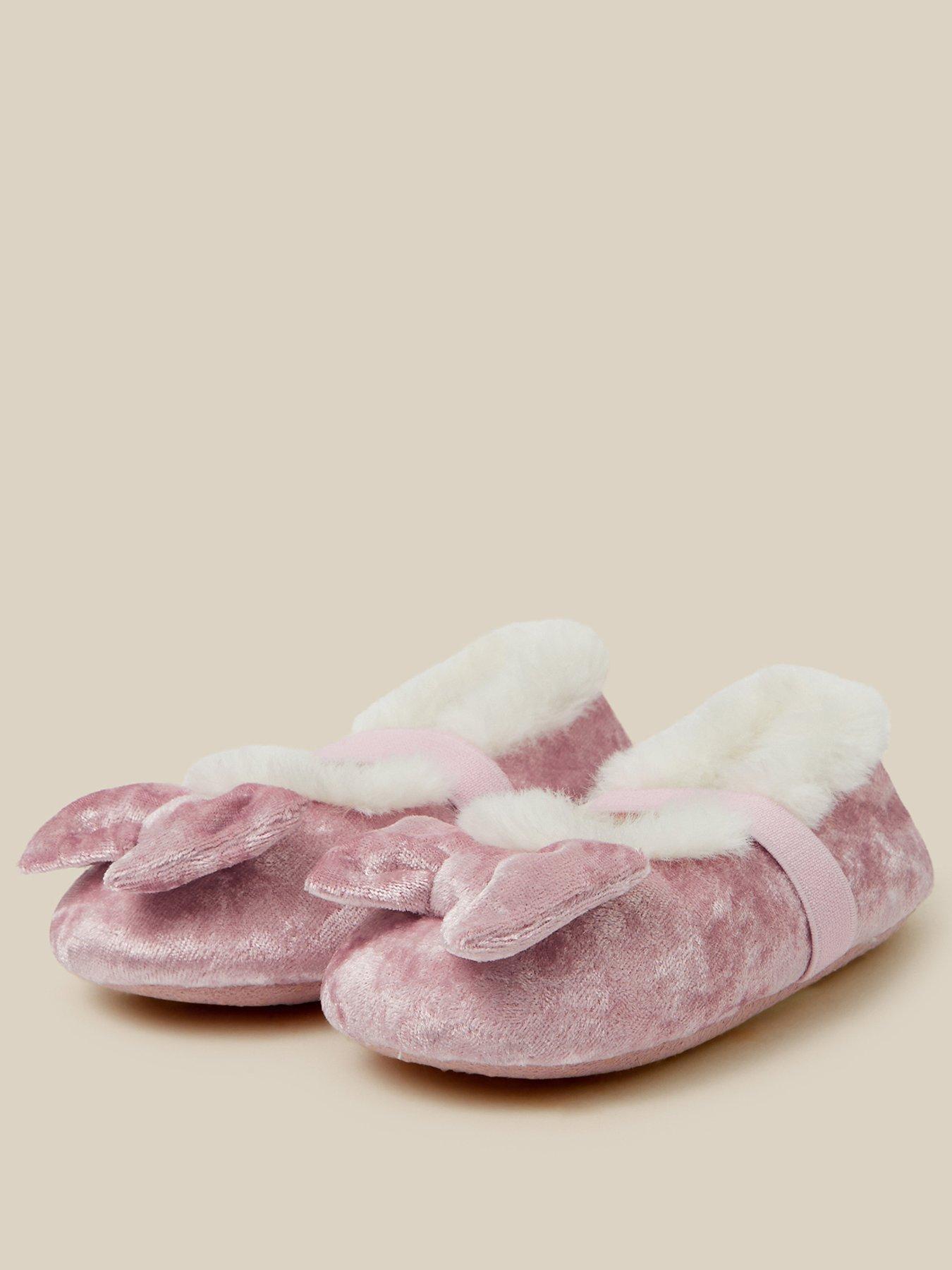 Image 2 of 3 of Monsoon Girls Bow Faux-Fur Cuff Elastic Strap Slippers - Pink