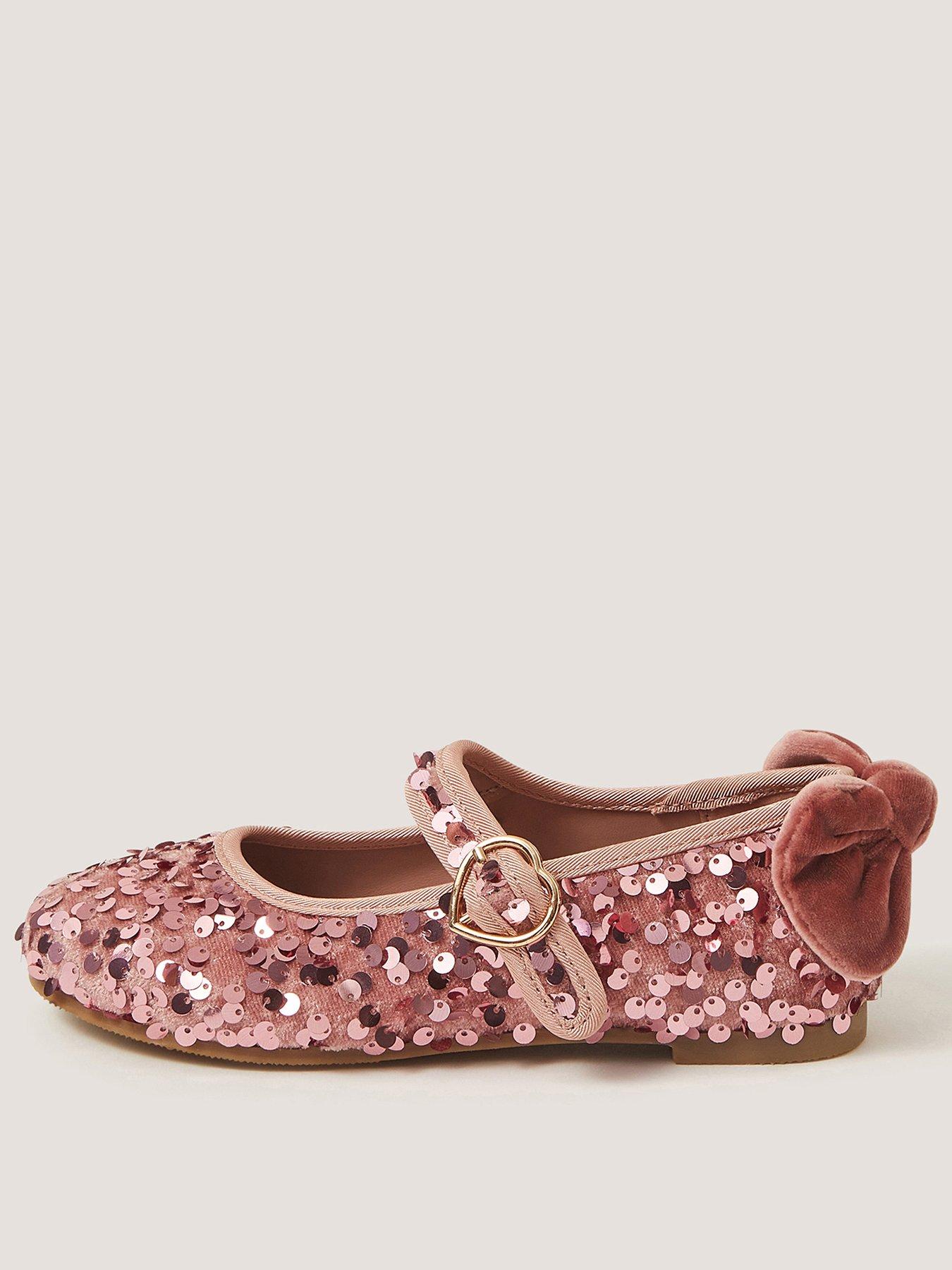 Image 1 of 3 of Monsoon Girls Sequin Velvet Mary Jane Ballerina Shoes - Pink