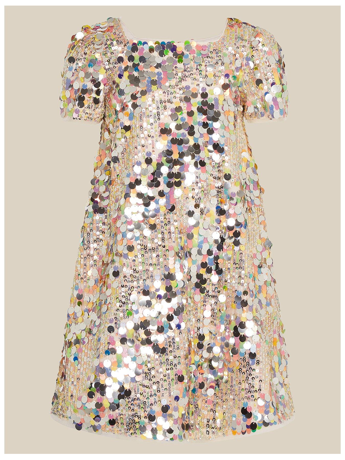 Image 1 of 3 of Monsoon Girls Rainbow Sequin Swing Short Sleeve Dress - Multi
