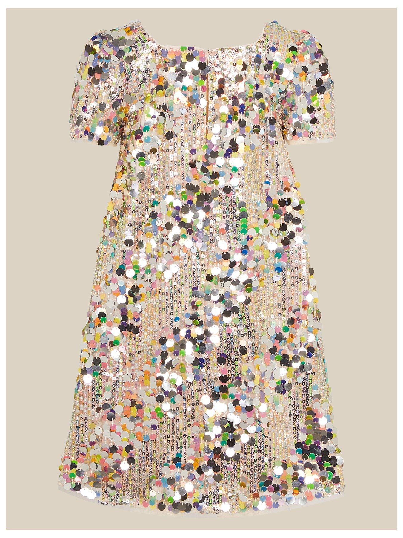 Image 2 of 3 of Monsoon Girls Rainbow Sequin Swing Short Sleeve Dress - Multi