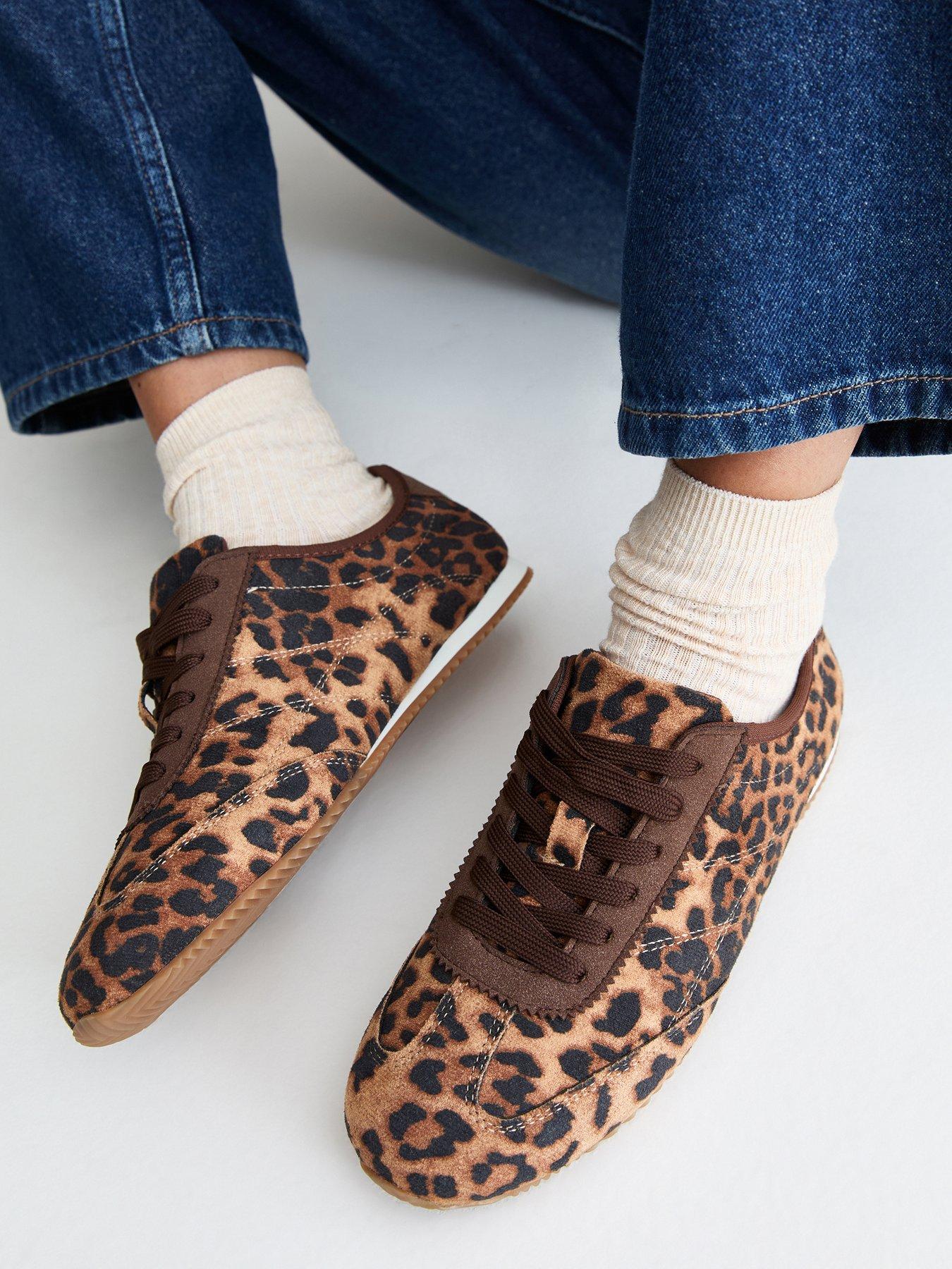 Image 1 of 5 of New Look Womens Leopard Print Faux Suede Lace-Up Low-Profile Trainers - Brown