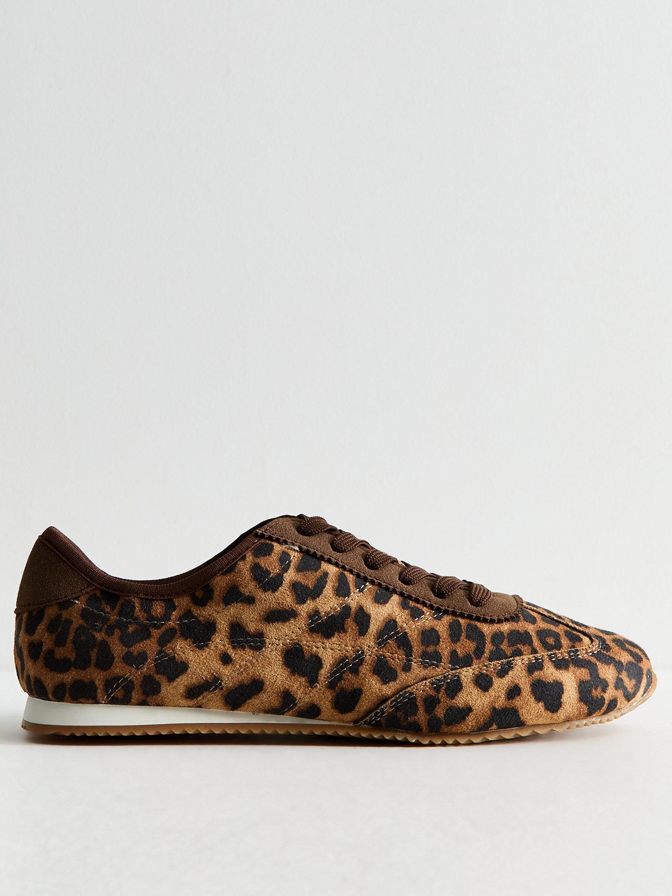 Image 2 of 5 of New Look Womens Leopard Print Faux Suede Lace-Up Low-Profile Trainers - Brown