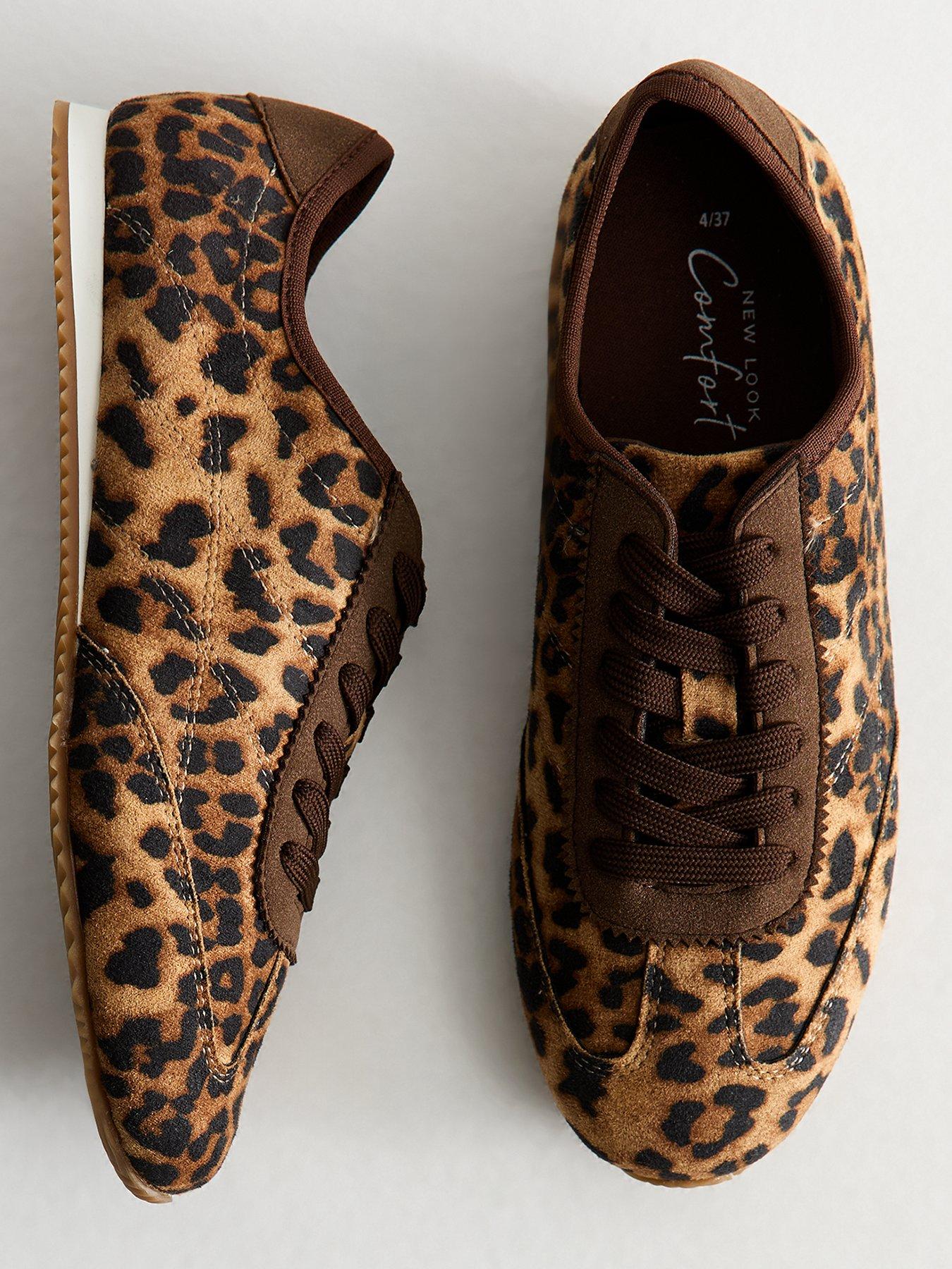 Image 4 of 5 of New Look Womens Leopard Print Faux Suede Lace-Up Low-Profile Trainers - Brown