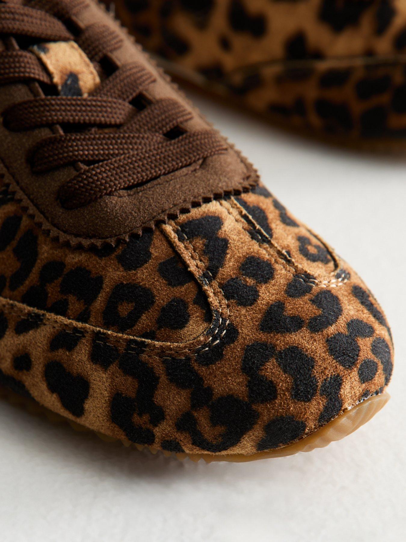Image 5 of 5 of New Look Womens Leopard Print Faux Suede Lace-Up Low-Profile Trainers - Brown