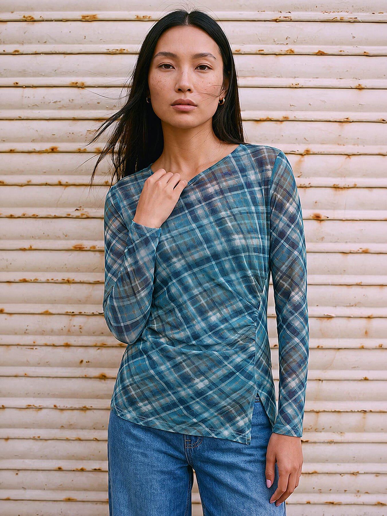 Image 1 of 4 of Roman Check Mesh Print Gathered Top