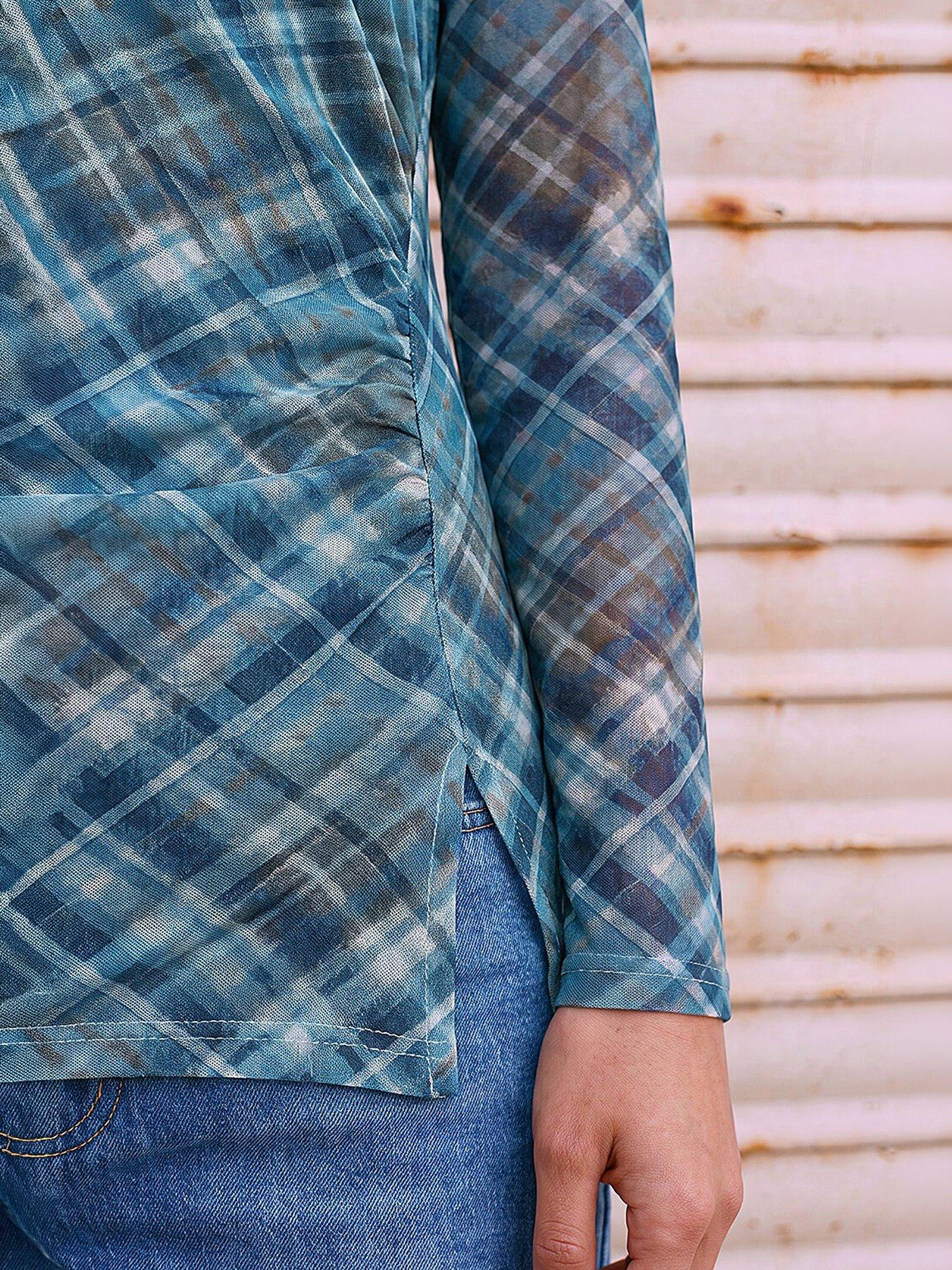 Image 2 of 4 of Roman Check Mesh Print Gathered Top