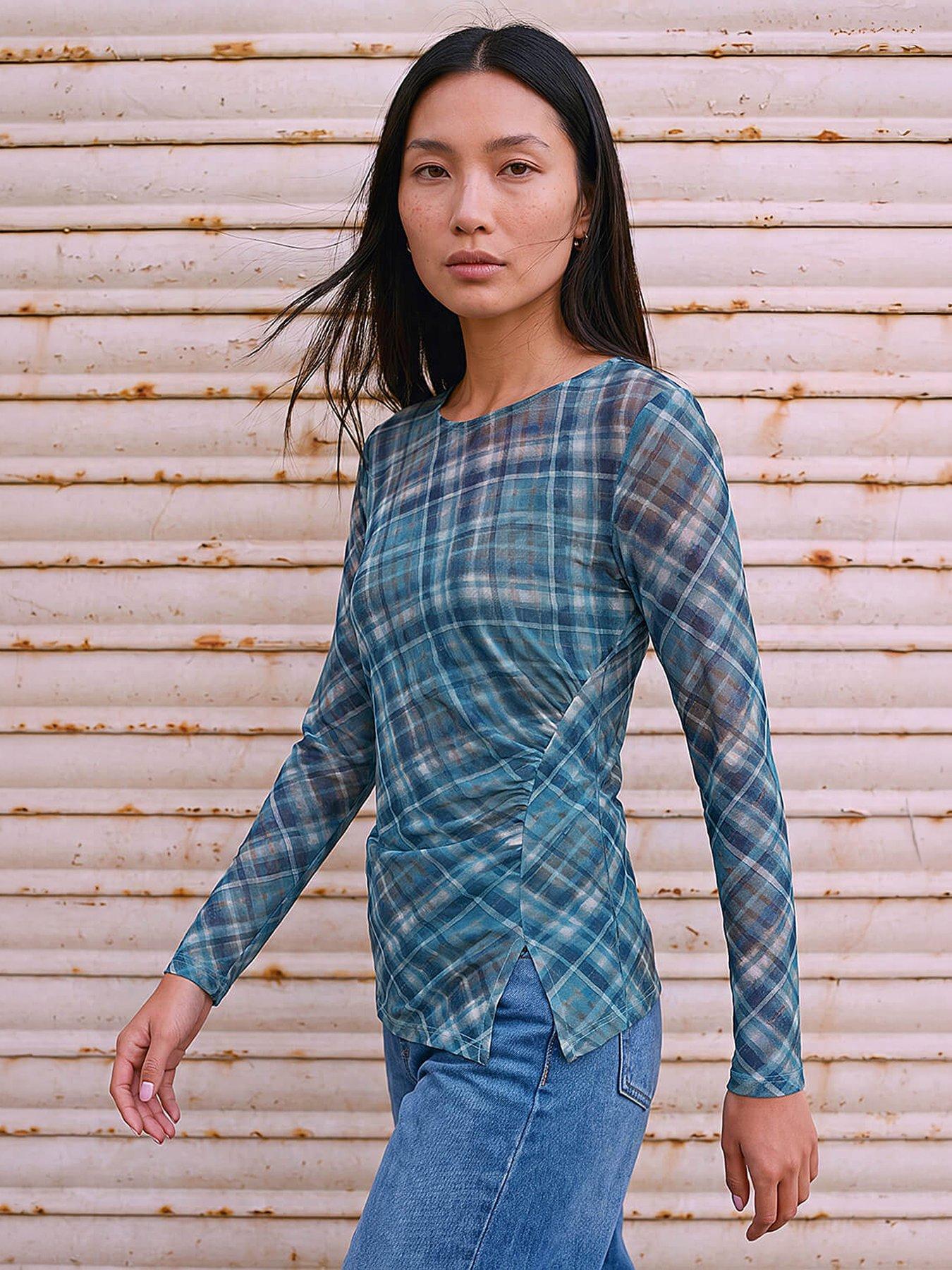 Image 4 of 4 of Roman Check Mesh Print Gathered Top