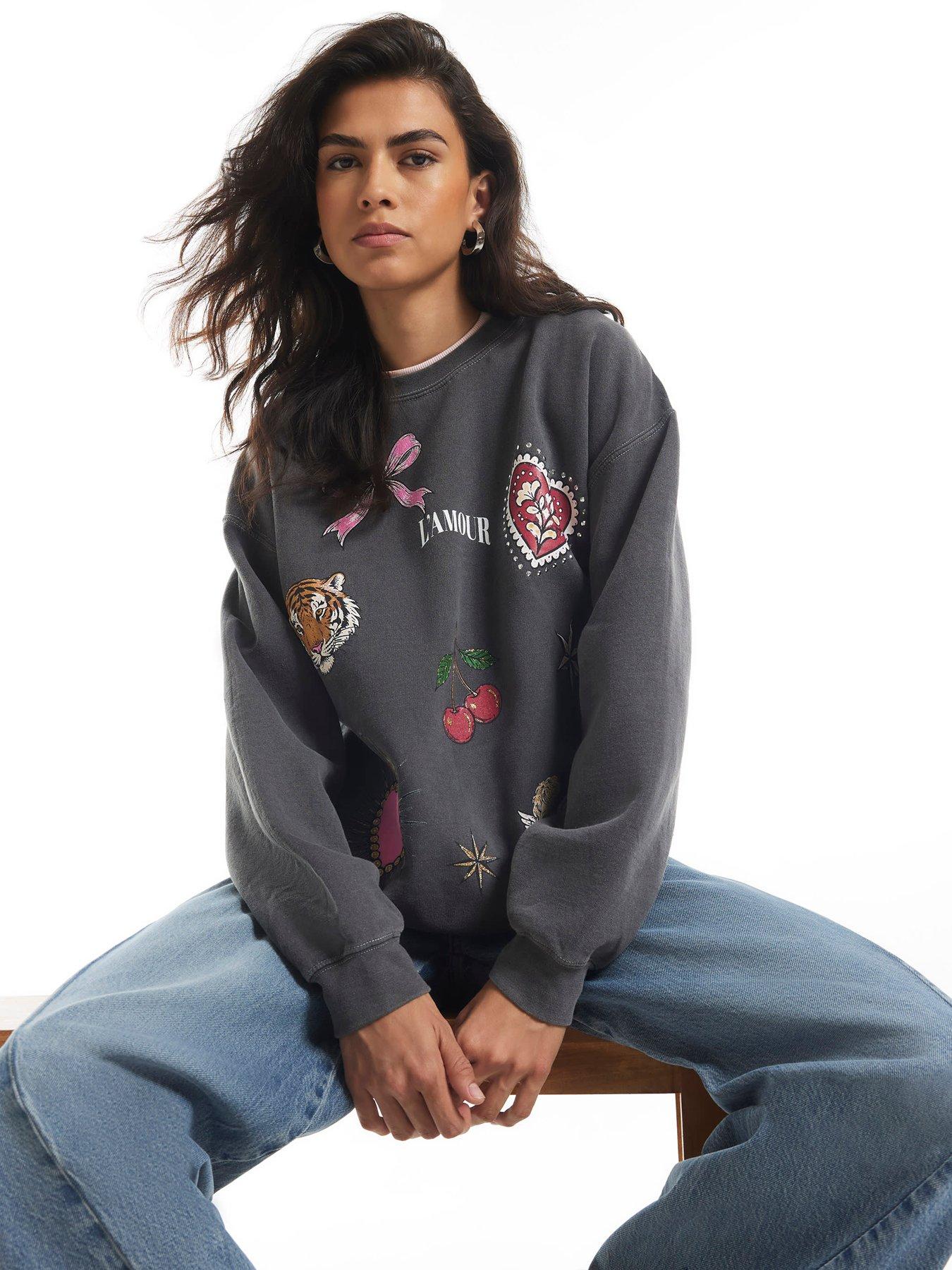 Image 4 of 6 of River Island Womens Hotfix Graphic Long Sleeve Sweatshirt - Grey