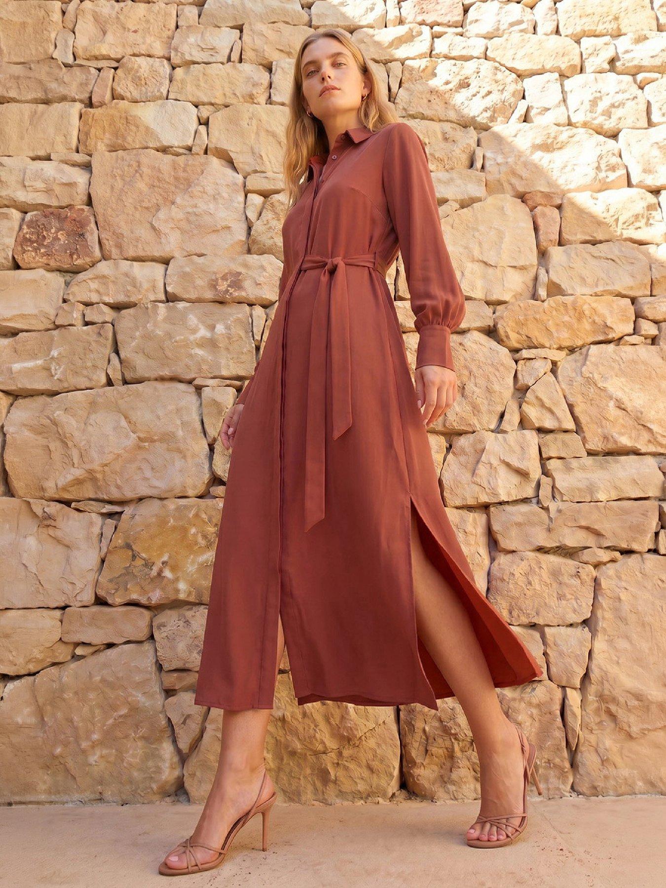 Image 1 of 4 of Roman Tie Waist Buttoned Shirt Dress