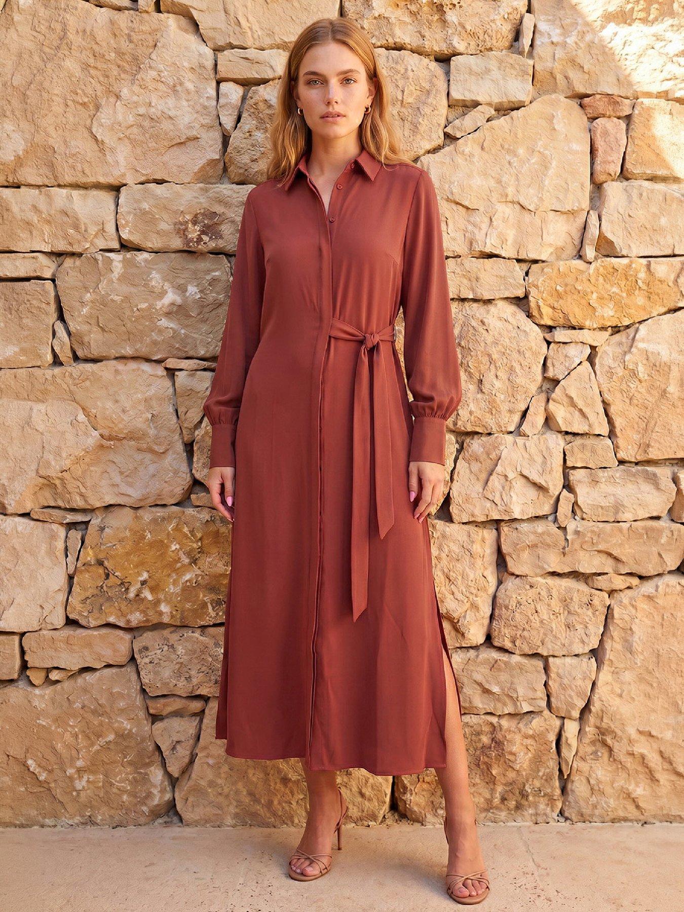 Image 3 of 4 of Roman Tie Waist Buttoned Shirt Dress