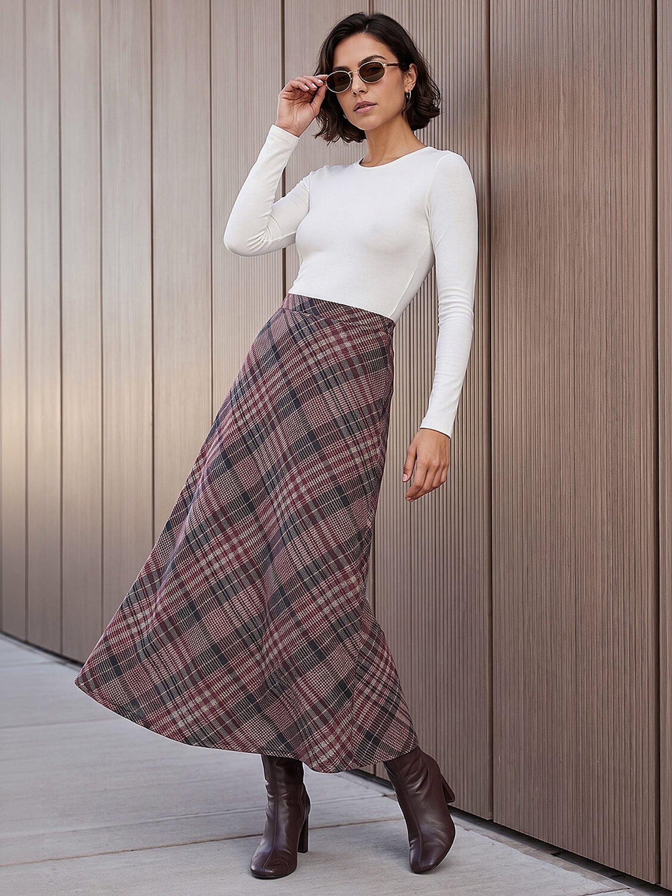 Image 3 of 4 of Roman Check Print Midi Skirt