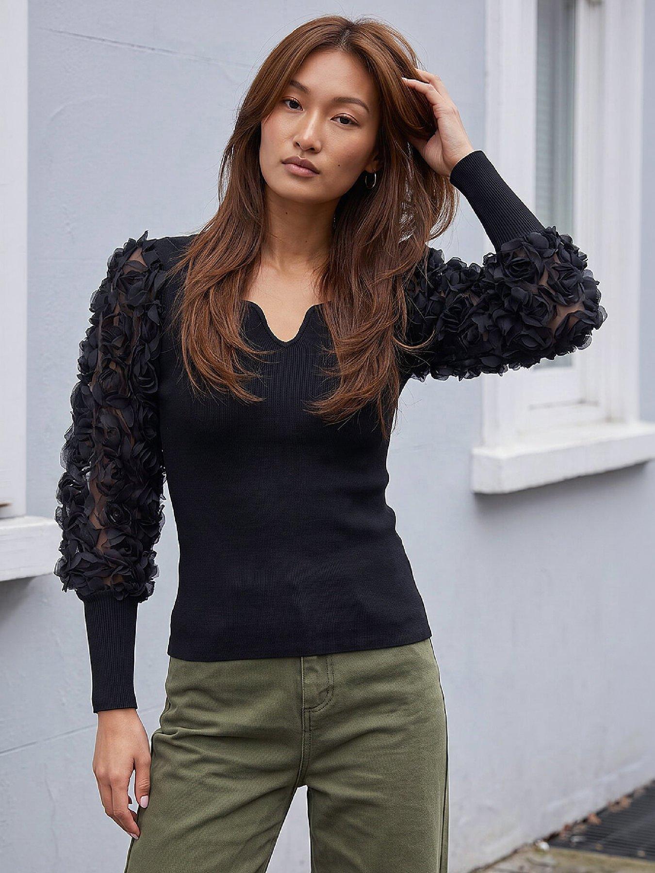 Roman Lace Sleeve V-Neck Knit Top