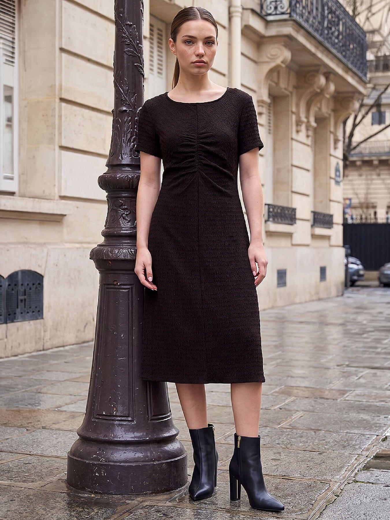 Image 1 of 4 of Roman Petite Ruched Front Midi Dress