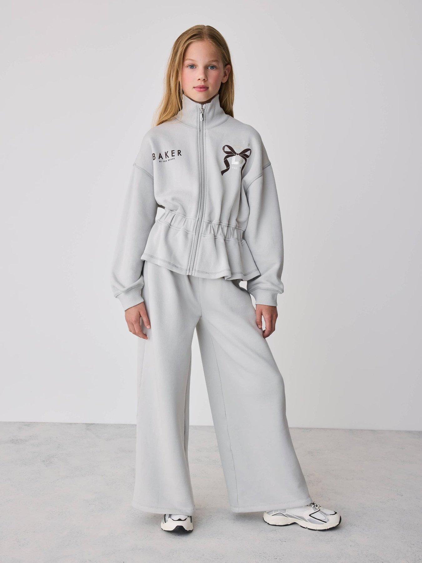 Ted Baker Girls 2 Piece Cinched Zip Neck Sweat Top & Wide Leg Joggers Set - Grey in Blue